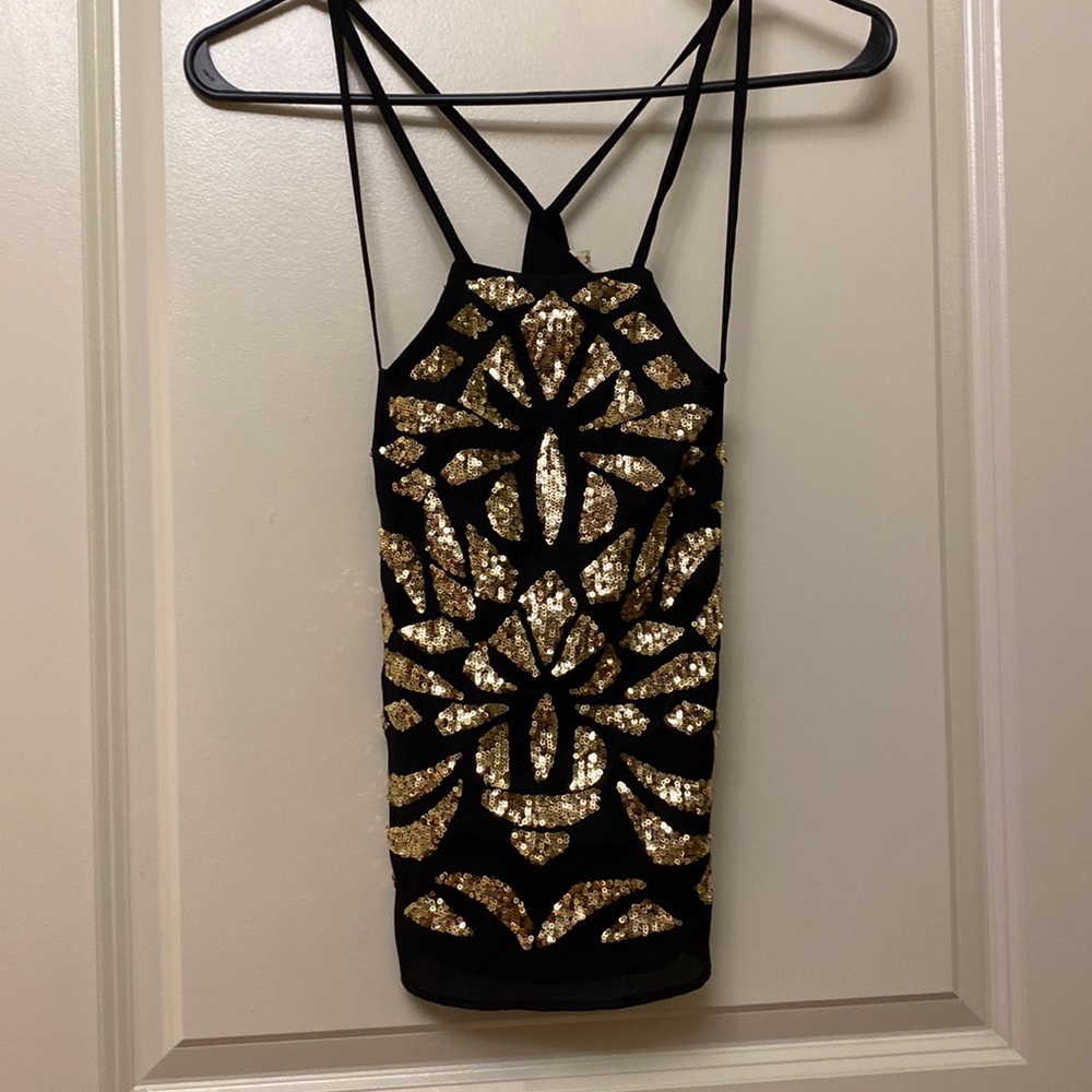 May & July Black Satin & Gold Sequin NYE Tank